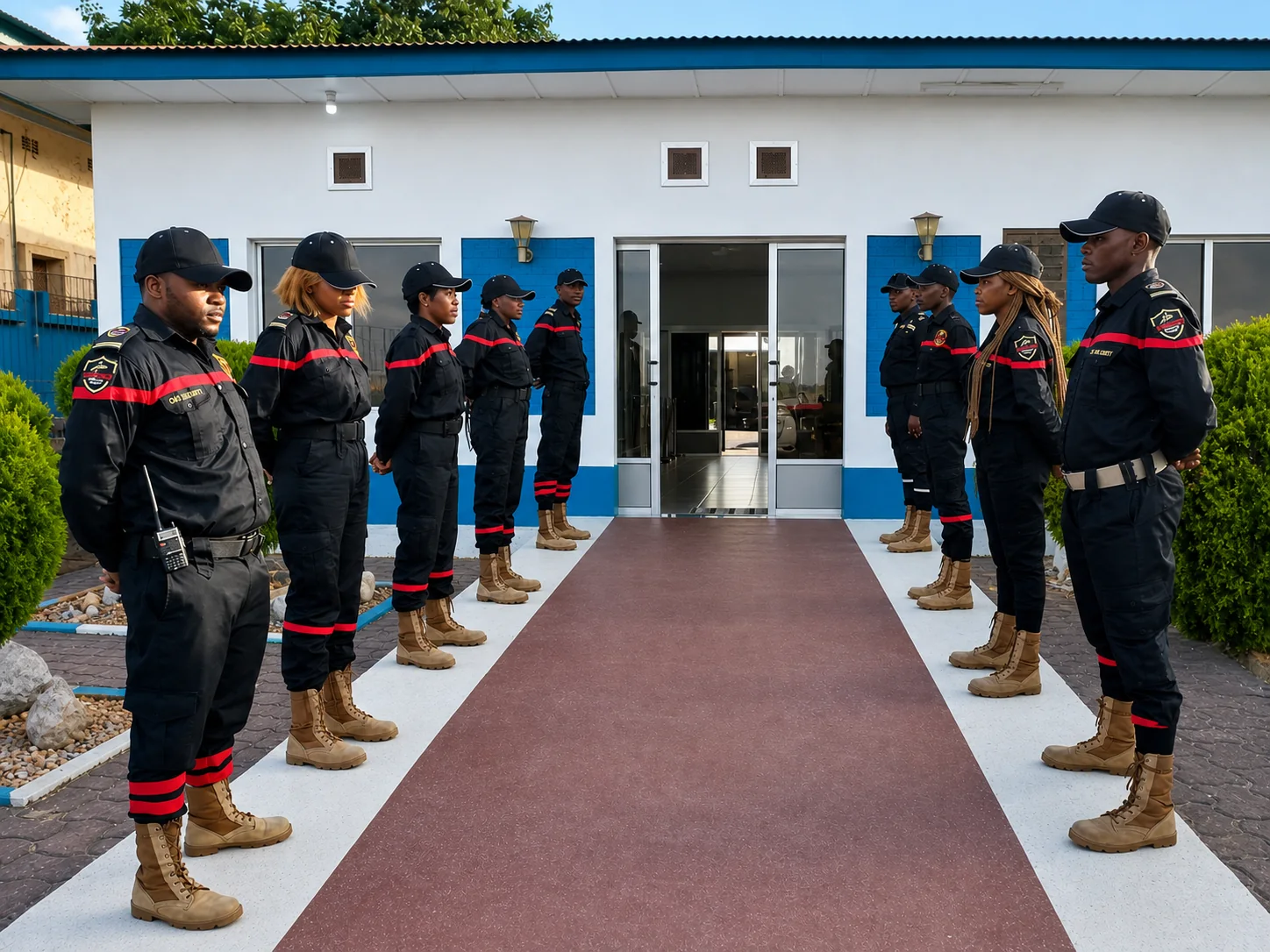 Équipe opérationnelle AMAZONE alignée avant une prise de service dans une image redressée